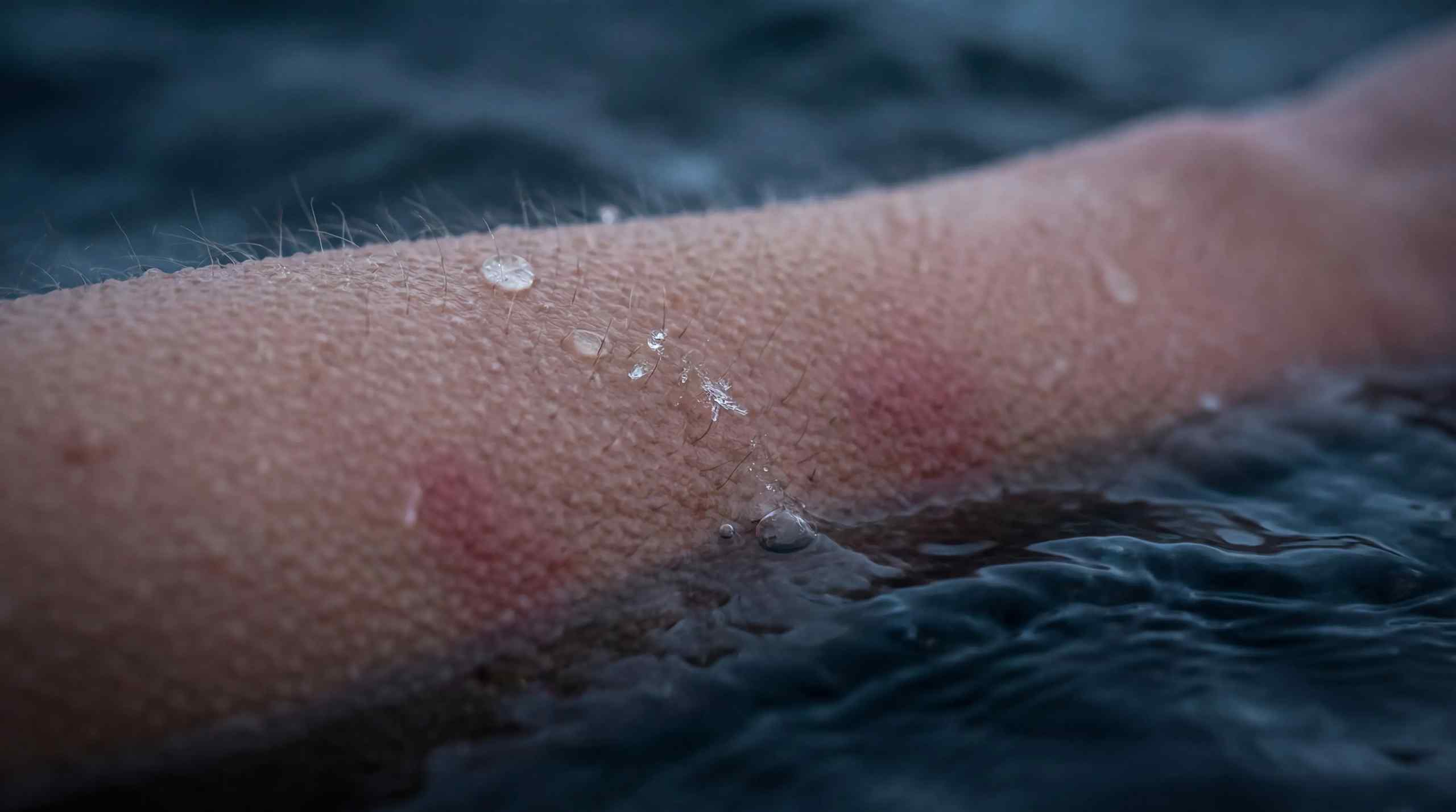 An arm that features raised hair due to the ice-cold water